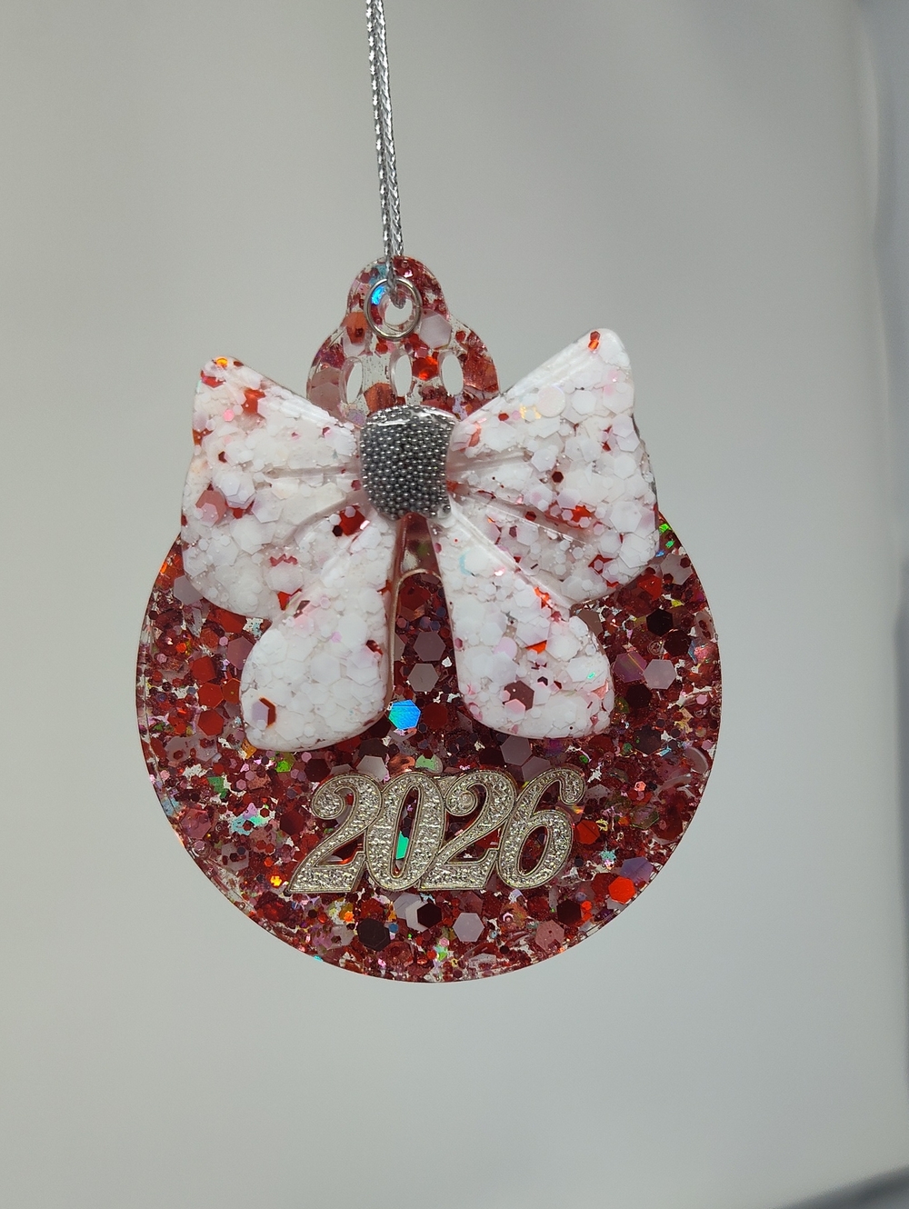 2026 Red Glitter Holiday Ornament with White Bow - Handmade